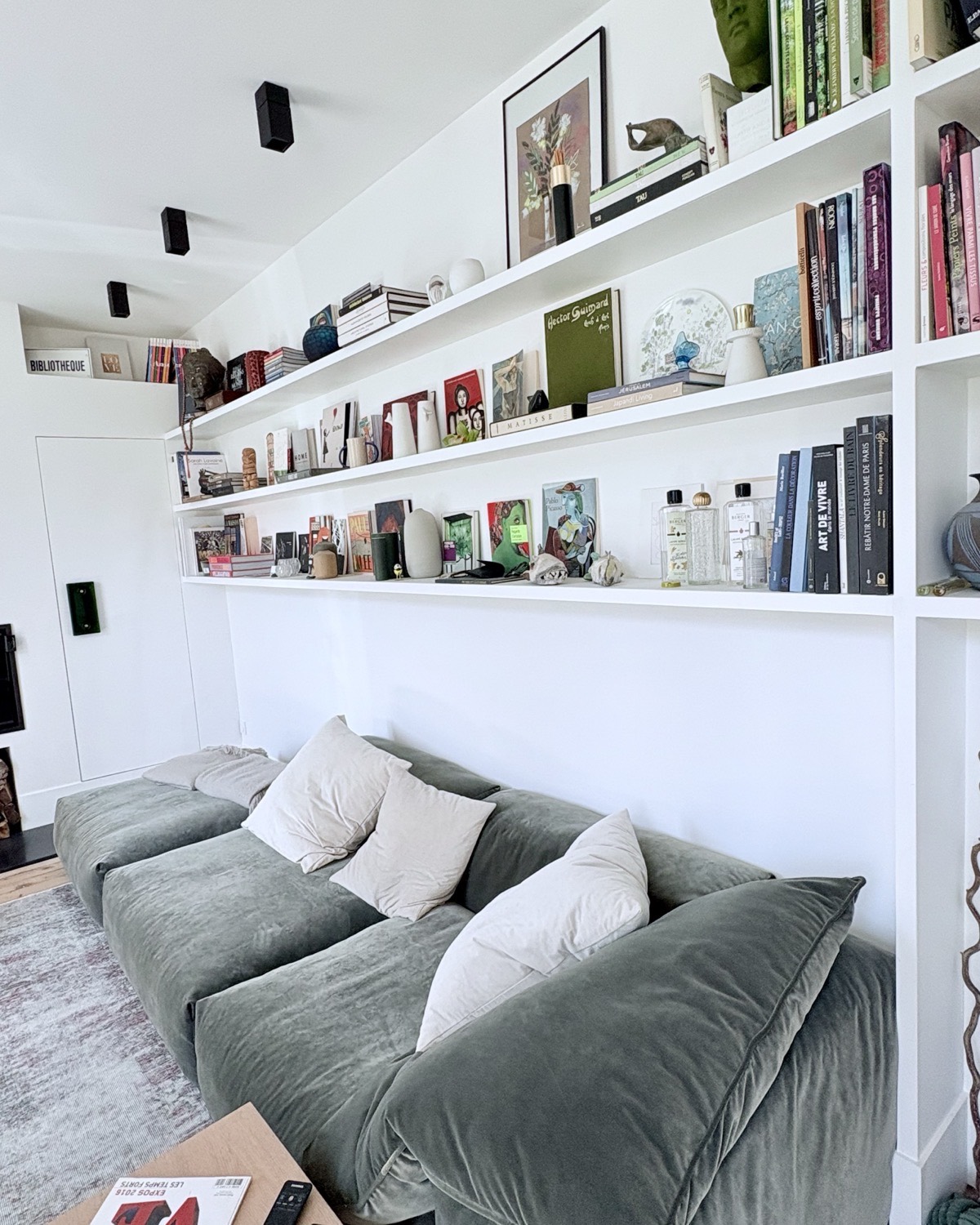 Green velvet sofa and wall of bookshelves at Maison Bo Terra