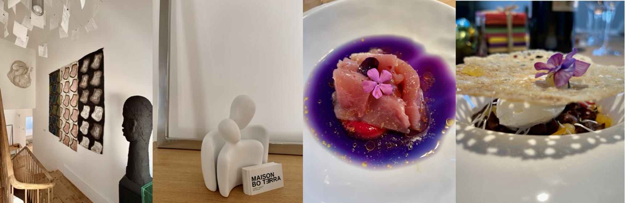 Collage de la Maison Bo Terra : galerie d'art intérieure, sculpture d'accueil et créations de la table gastronomique
